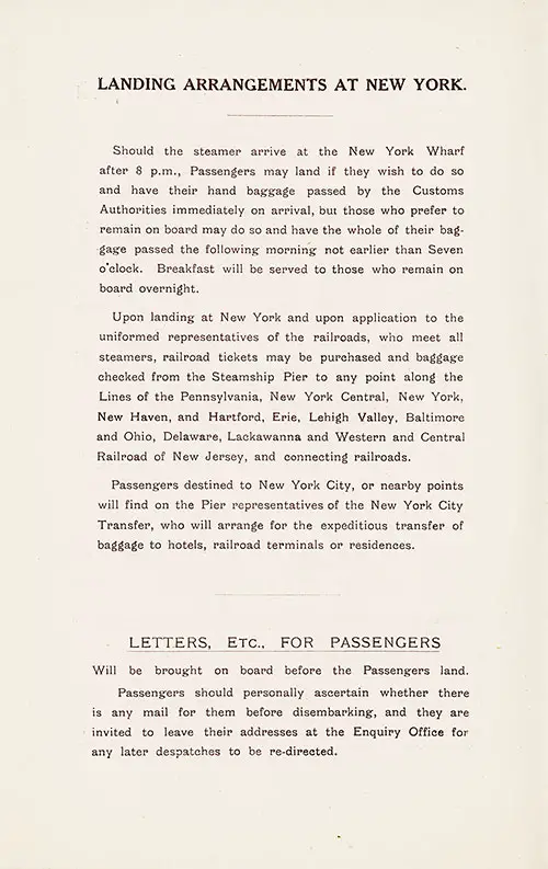 Landing Arrangements at New York and Letters, Etc. for Passengers.