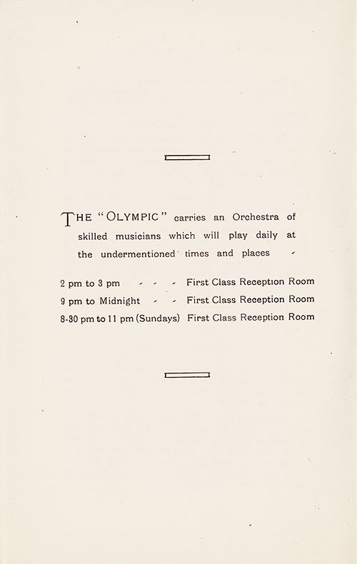 The RMS Olympic Orchestra Schedule.