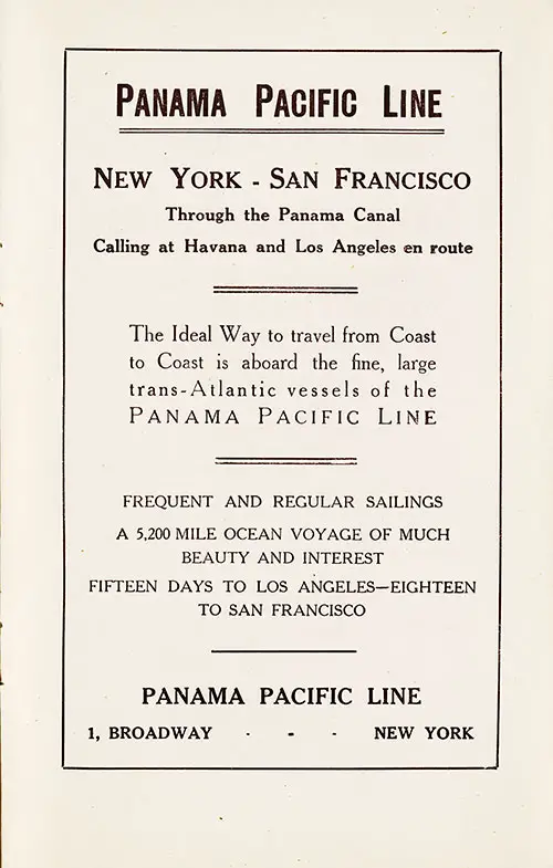 Advertisement: Panama Pacific Line Services New York-San Francisco Through the Panama Canal Calling at Havana and Los Angeles en Route.