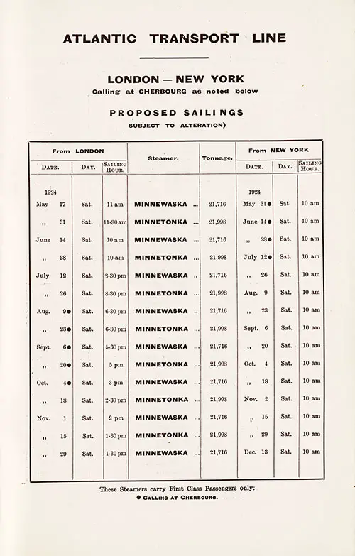 Sailing Schedule, London-New York, from 17 May 1924 to 13 December 1924.