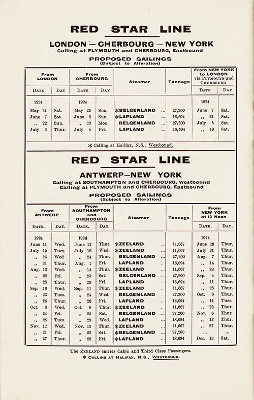 Sailing Schedule, London-Cherbourg-New York and Antwerp-New York, from 24 May 1924 to 13 December 1924.