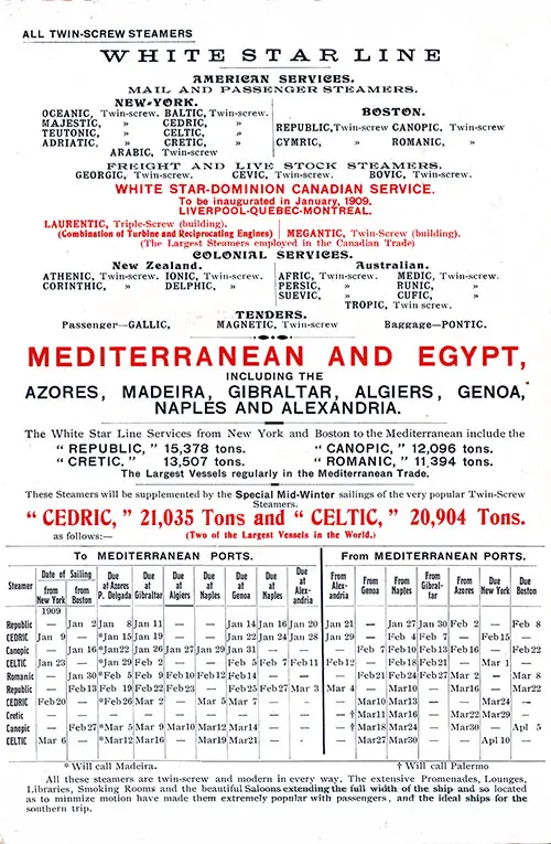 American and Colonial Services with Corresponding Fleet and Sailing Schedule, Mediterranean Ports from 2 January 1909 to 10 April 1909.