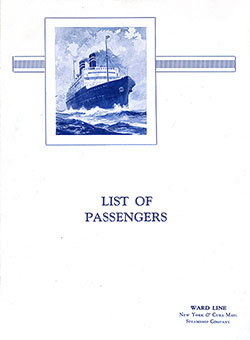 Front Cover, SS President Roosevelt First Class Passenger List of the Ward Line, Departing Saturday, 9 February 1929, from New York to Havana.