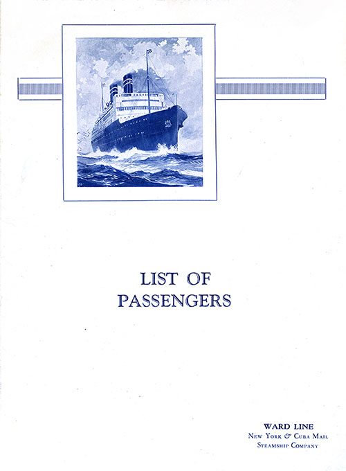 Front Cover, SS President Roosevelt First Class Passenger List of the Ward Line, Departing Saturday, 9 February 1929, from New York to Havana.