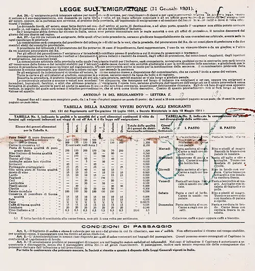 abre Line Third Class Passage Contract Terms for the SS Patria, Departing from New York to Naples Dated 2 August 1915.
