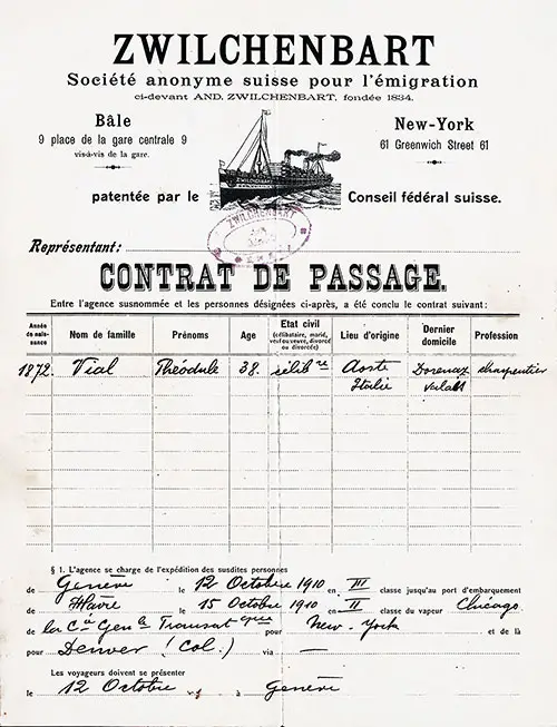 CGT French Line's SS Chicago Contract for Passage, Le Havre to New York, 12 October 1910.