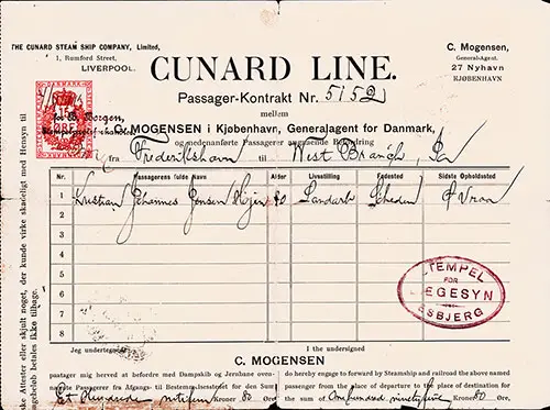 Steerage Passenger Contract for Passage on the Cunard Line Steamer RMS Saxonia, Departing from Liverpool for Boston, Dated 21 April 1903.