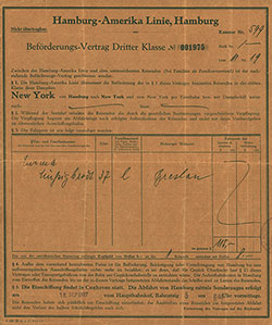 Third Class Contract With Terms and Conditions, SS New York, Hamburg-American Line, 16 September 1927.