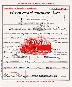 Receipt for the Purchase of a Steamship Ticket and Passage From Hamburg to New York via the SS President Lincoln of the Hamburg America Line With Inland Passage to Mcfreesport, Pennsylvania Dated 13 January 1913.