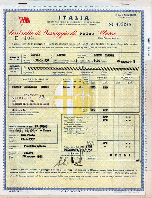 First Class Passage Contract on Italia Line's SS Conte Grande, 21 February 1952.