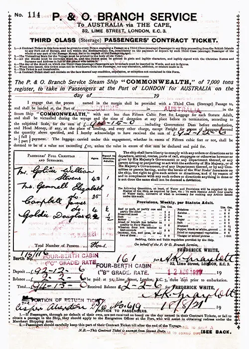 Third Class (Steerage) Passage Contract for The Stevens Family of Four sailing on the P. & O. Line SS Commonwealth on 18 August 1921.