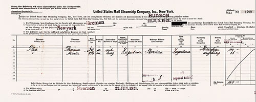 Front Side, SS Hudson Passenger Manifest, United States Mail Steamship Company, 22 June 1921.
