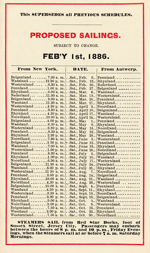 Sailing Schedule, New York-Antwerp, from 6 February 1886 to 30 October 1886.