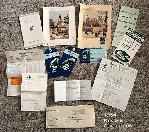 A Collection of 1954 Ephemera from the SS Ryndam of the Holland-America Line, Including Passenger List, Menus, Luggage Tags, Correspondence, Ticket Holders, and Brochures.