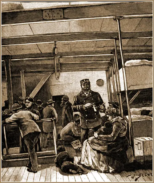 Scene in the Steerage Showing Immigrant Passengers and a Partial View of Their Sleeping Accommodations.