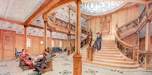 Fig. 73: Main Staircase and Entrace Hall on Promenade Deck on the RMS Titanic.