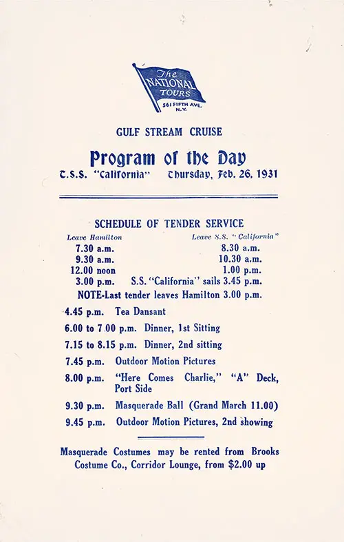 The National Tours Daily Program for 26 February 1931 during a Gulf Stream Cruise heading to Bermuda