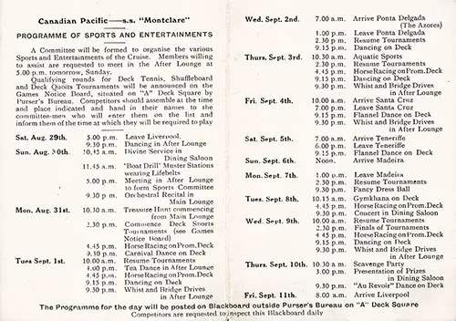 Sports and Entertainment Program, Canadian Pacific Atlantic Island Cruise on the SS Montclare