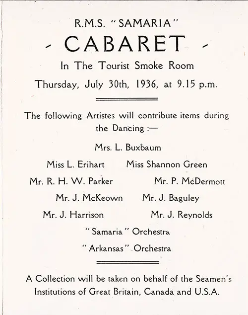 Cabaret Concert Program on Board the RMS Samaria, Thursday, 30 July 1936.
