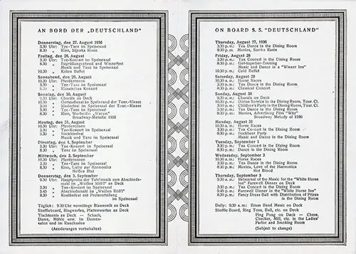 On Board Events Program Covering a Transatlantic Voyage of the SS Deutchland Beginning Thursday, 27 August 1936.