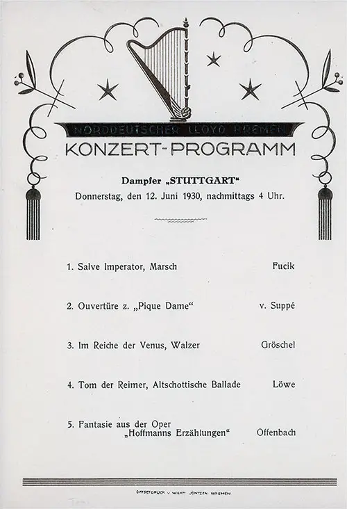 Afternoon Concert Program for Thursday, 12 June 1930 onboard the SS Stuttgart of the Norddeutscher Lloyd/North German Lloyd.