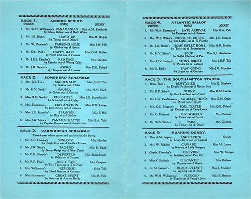 Horse Racing Program on Board the MV Ruahine for Monday, 9 March 1953.