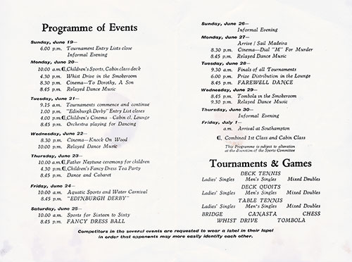 Sports and Entertainments Program for Voyage 43 of the RMS Edinburgh Castle, Beginning Sunday, 19 June 1955.