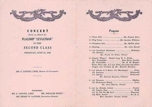 Second Class Concert Program Given on Board the Flagship "Leviathan" on Thursday, 21 June 1928.