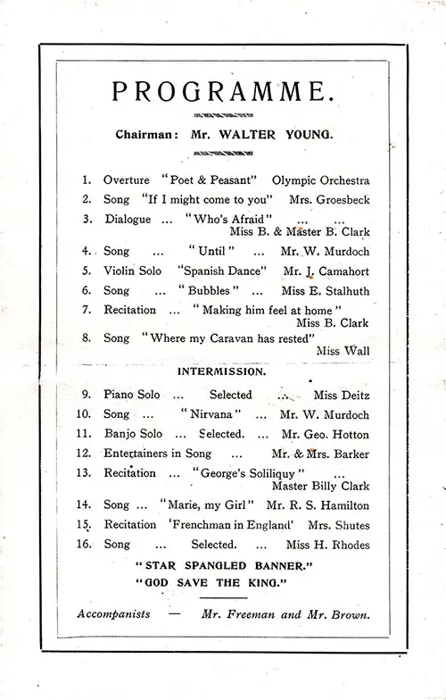Second Class Grand Concert Program Held on Board the RMS Olympic on Monday, 1 November 1920.