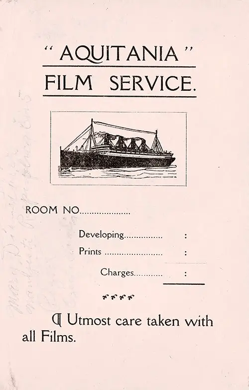 Photograph Envelope for Film Service on Board the RMS Aquitania circa 1910.