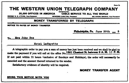 Western Union Telegraph Company Money Transferred by Telegraph Notification Form, 1915.