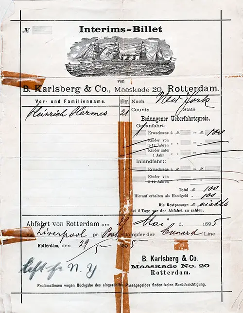 1895 Dutch Steerage Passage Contract on the Cunard Line for a German Immigrant. The Voyage Took Him from Rotterdam to New York via Liverpool.