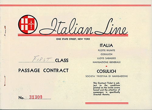 Front Cover, Italian Line First Class Ticket for Passage on the SS Saturnia, Departing from New York to Trieste Dated 3 November 1934. 