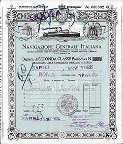 Navigazione Generale Italiana Second Class Passage Contract for Passage on the SS Roma, Departing from Naples to New York Dated 18 September 1928.