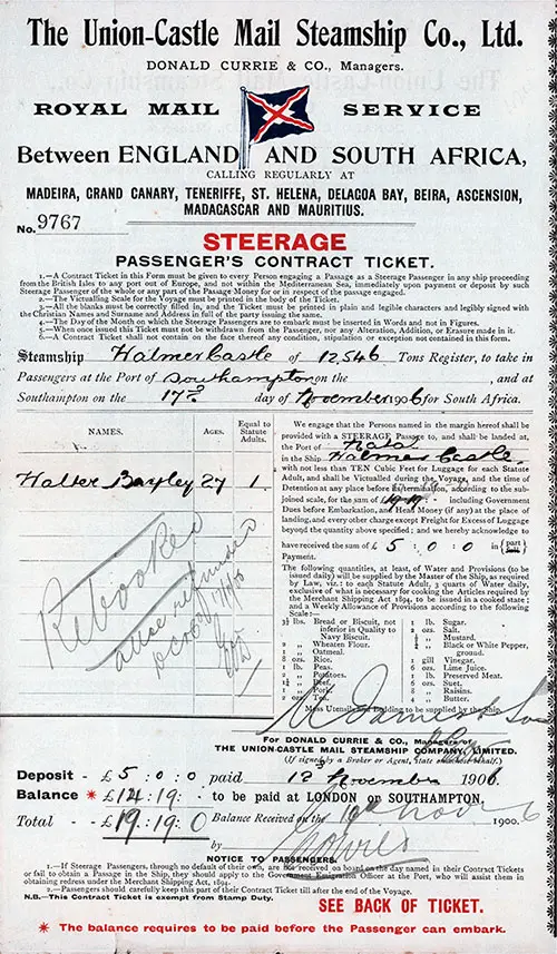 Steerage Passenger's Contract Ticket, Southampton to Natal dated 17 November 1906.