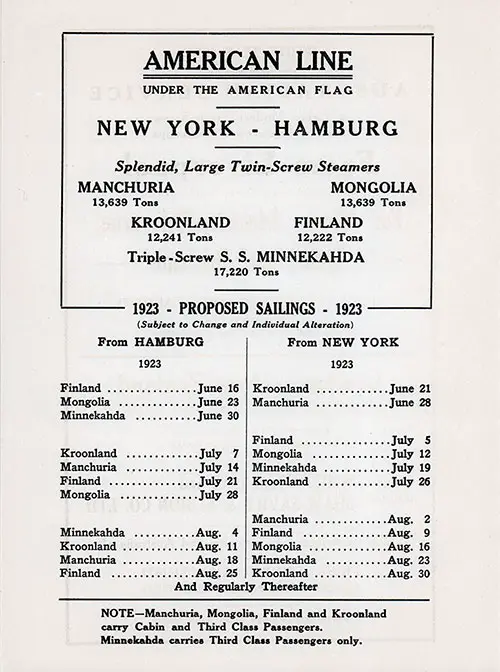 1923 Proposed Sailings for the American Line.