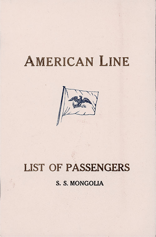 Front Cover, American Line SS Mongolia Cabin Class Passenger List - 12 November 1921.
