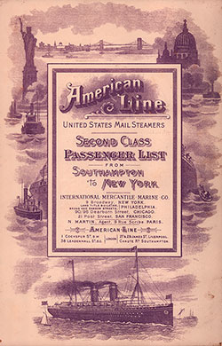Front Cover of a Second Class Passenger List from the SS New York of the American Line, Departing Saturday, 11 August 1906 from Southampton to New York via Cherbourg