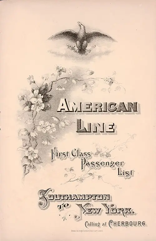 Front Cover: First Class Passenger List for the SS Philadelphia of the American Line Dated 12 September 1908.
