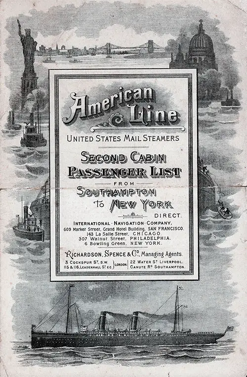Front Cover: Second Cabin Passenger List for the SS St. Louis of the American Line Dated 2 October 1897.