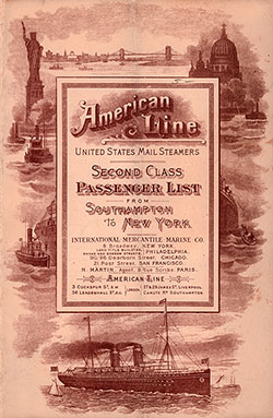 Front Cover of a Second Class Passenger List from the SS St. Paul of the American Line, Departing Saturday, 10 December 1904 from Southampton to New York, via Cherbourg