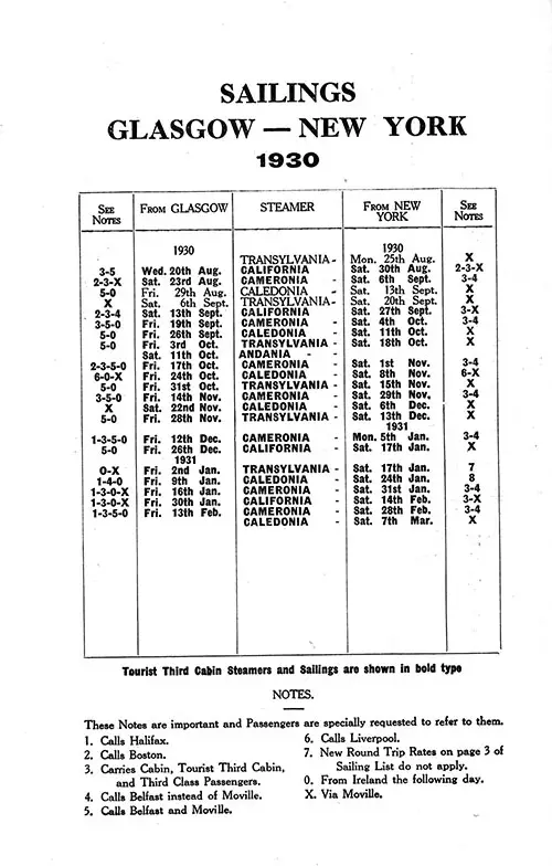 Anchor Line Sailing Schedule for 20 August 1930 through 13 February 1931.
