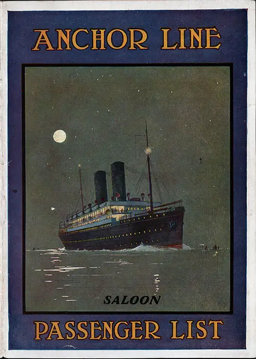 Front Cover: Saloon Class Passenger List for the SS Cameronia of the Anchor Line Dated 6 September 1913.