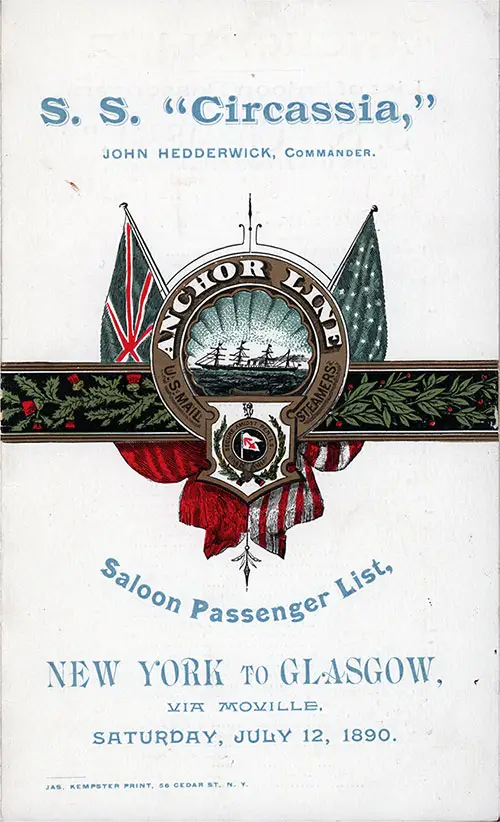 Front Cover: Saloon Class Passenger List for the SS Circassia of the Anchor Line Dated 12 July 1890.
