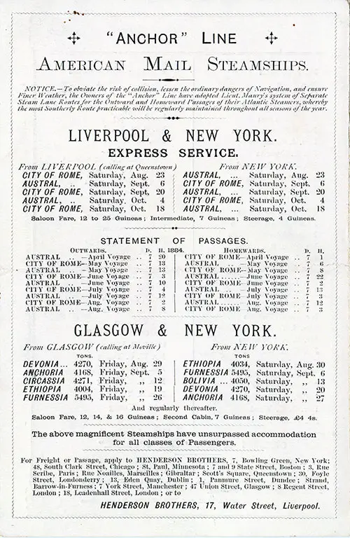 Back Cover: Saloon Class Passenger List for the SS City of Rome of the Anchor Line Dated 23 August 1884.