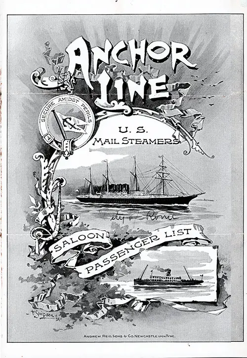 Front Cover: Saloon Class Passenger List for the SS City of Rome of the Anchor Line Dated 20 August 1896.