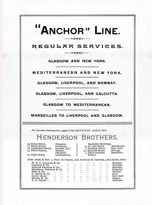 Back Cover: Saloon Class Passenger List for the SS City of Rome of the Anchor Line Dated 20 August 1896.