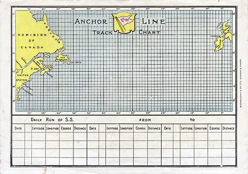 Back Cover: Track Chart and Memorandum of Log (Unused) from the Saloon Class Passenger List for the SS Columbia of the Anchor Line Dated 17 August 1812.