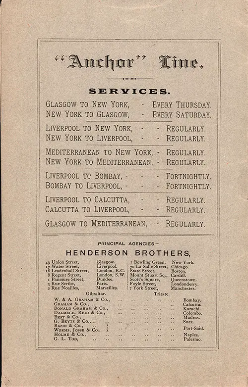 Anchor Line Services on the Back Cover, Saloon Passenger List, SS Furnessia, 23 August 1888.