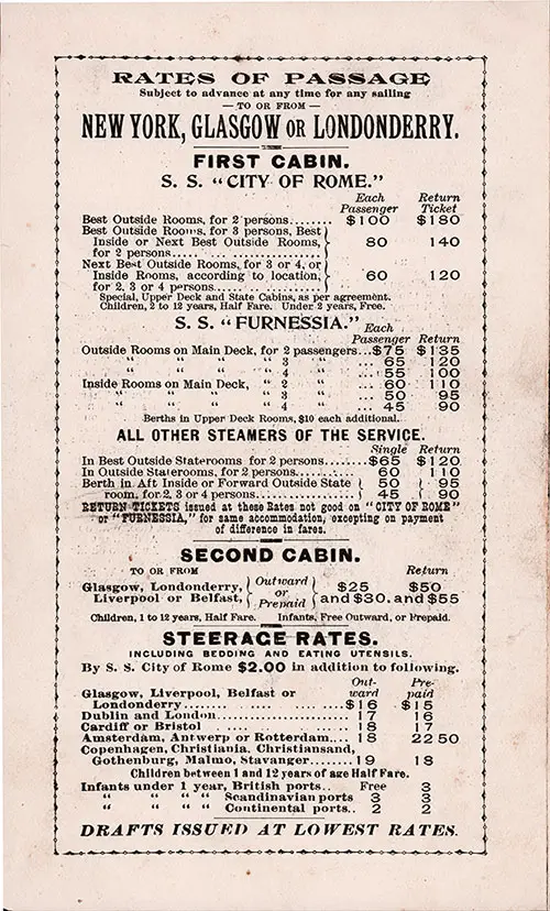 Rates of Passage for First and Second Cabin from the Anchor Line, 1895.
